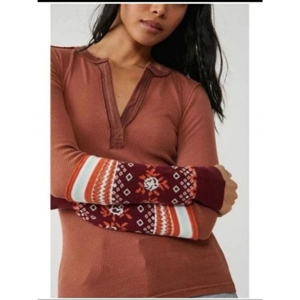 We The Free Mikah Notch Neck Thermal Top Small Mauve Pink Fair Isle Sleeves